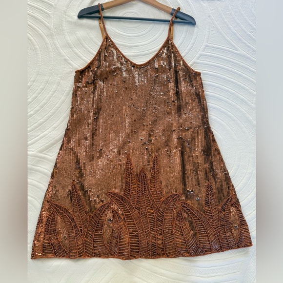 Copper Color Sequin and Beadwork Mini Dress lined holiday bling - Picture 6 of 14
